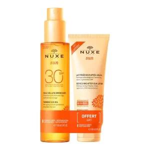 Nuxe Sun Huile Solaire Bronzante Visage et Corps SPF30 150 ml + Lait Fraîcheur Après-Soleil Visage et Corps 100 ml Offert