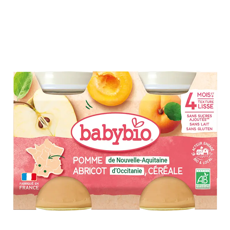 apple-apricot-cereals BABYBIO POMME DE NOUVELLE-AQUITAINE ABRICOT D'OCCITAINE CEREALE 4 MOIS ET + – Image 1