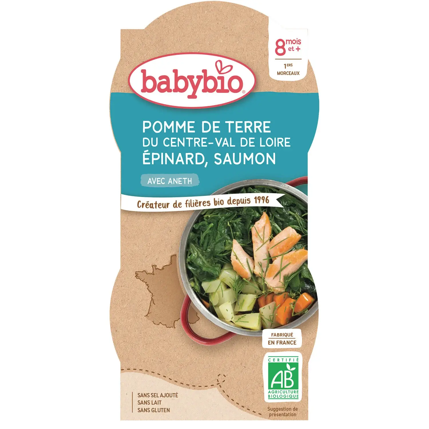 BABYBIO POMME DE TERRE DU VAL DE LOIRE, EPINARD ET SAUMON À L'ANETH - 2X200G