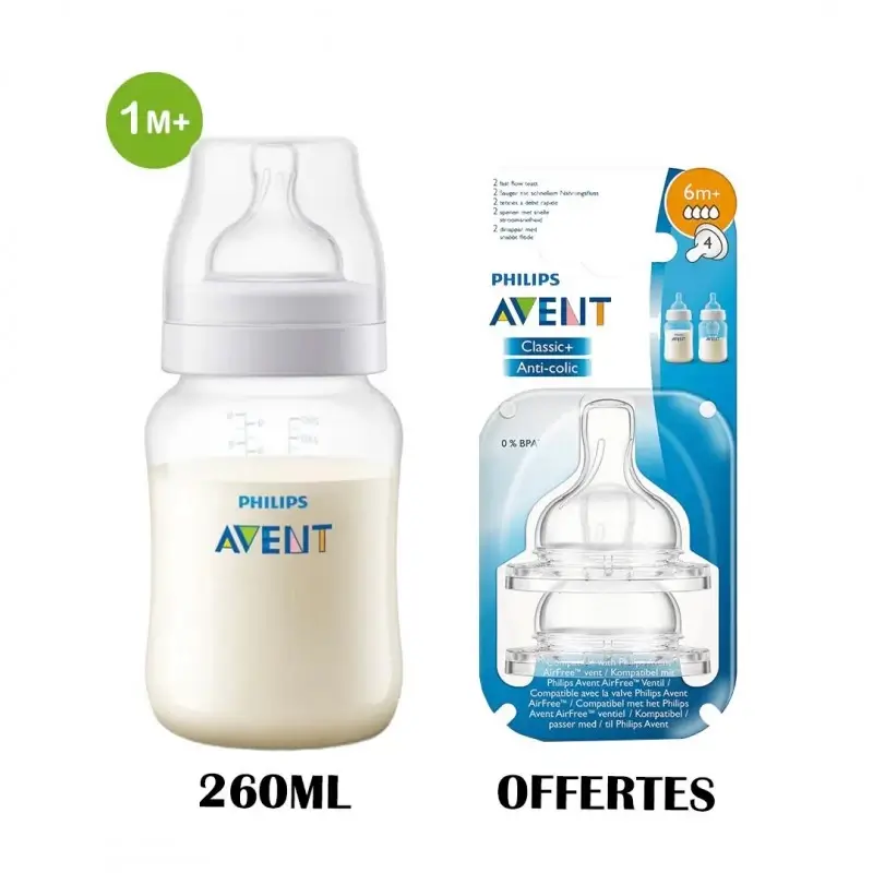 avent-philips-pack-biberon-anti-colic-1-mois-260-ml-2tetines-6m AVENT BIBERON Anti-colic 1M+ 260 ML +Lot de 2Tétines Anti-colic 6m+ offertes – Image 1