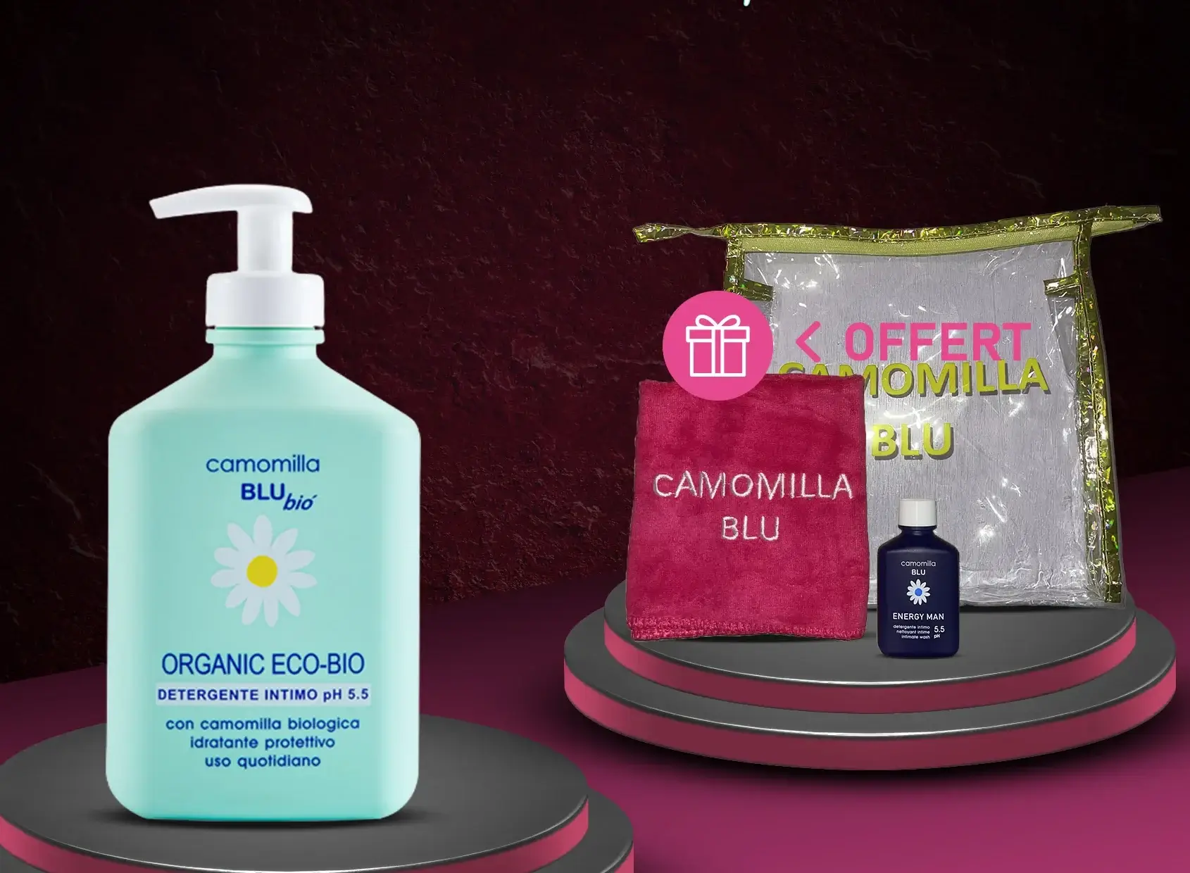 CAMOMILLA BLU BIO ORGANIC ECO BIO 5.5 PH 300 ML+CAMOMILLA BLU ENERGY MAN+TROUSSE TRANSPARENTE OFFERTS