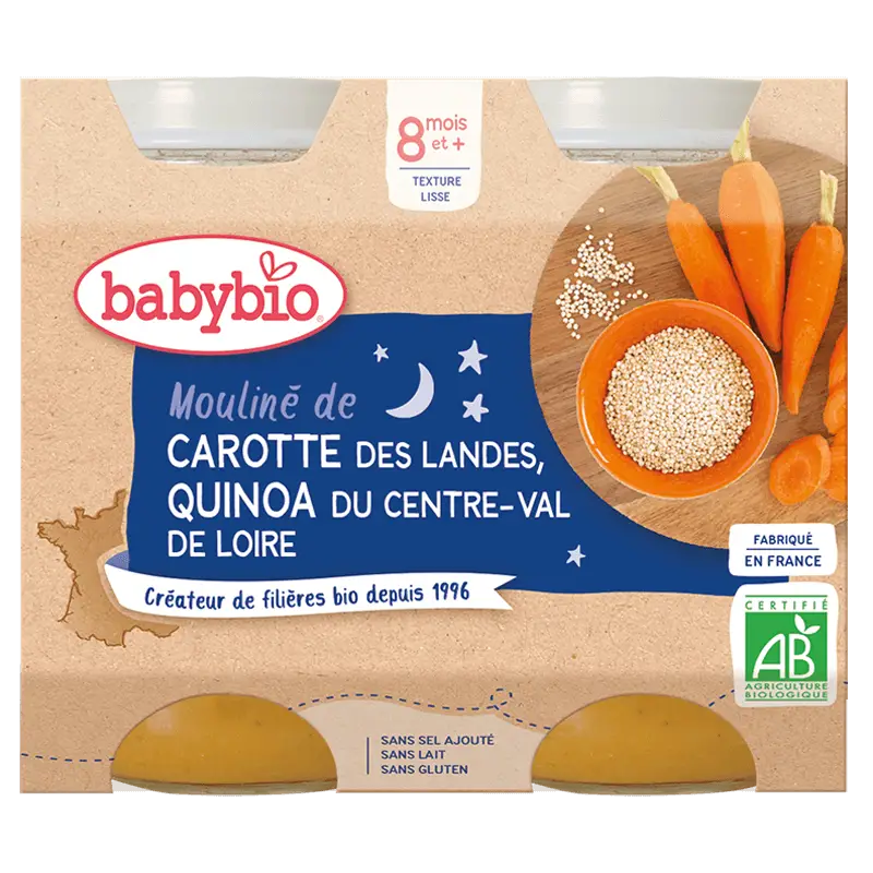 1 Babybio Petit pot bébé dès 8 mois, carotte quinoa 2*200g – Image 1