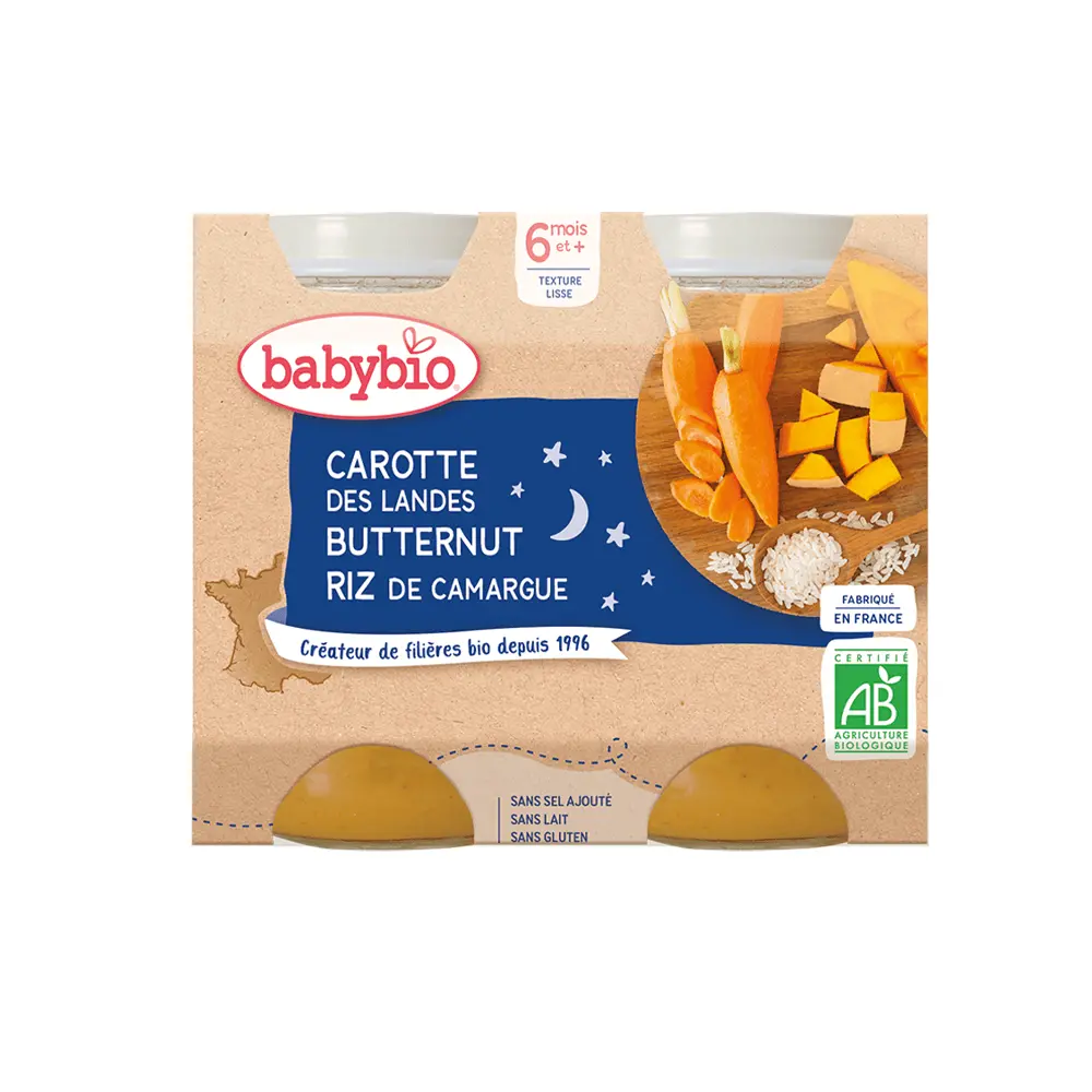 3 Babybio Petit pot bébé dès 6 mois, carotte potimarron riz 2*200g – Image 1