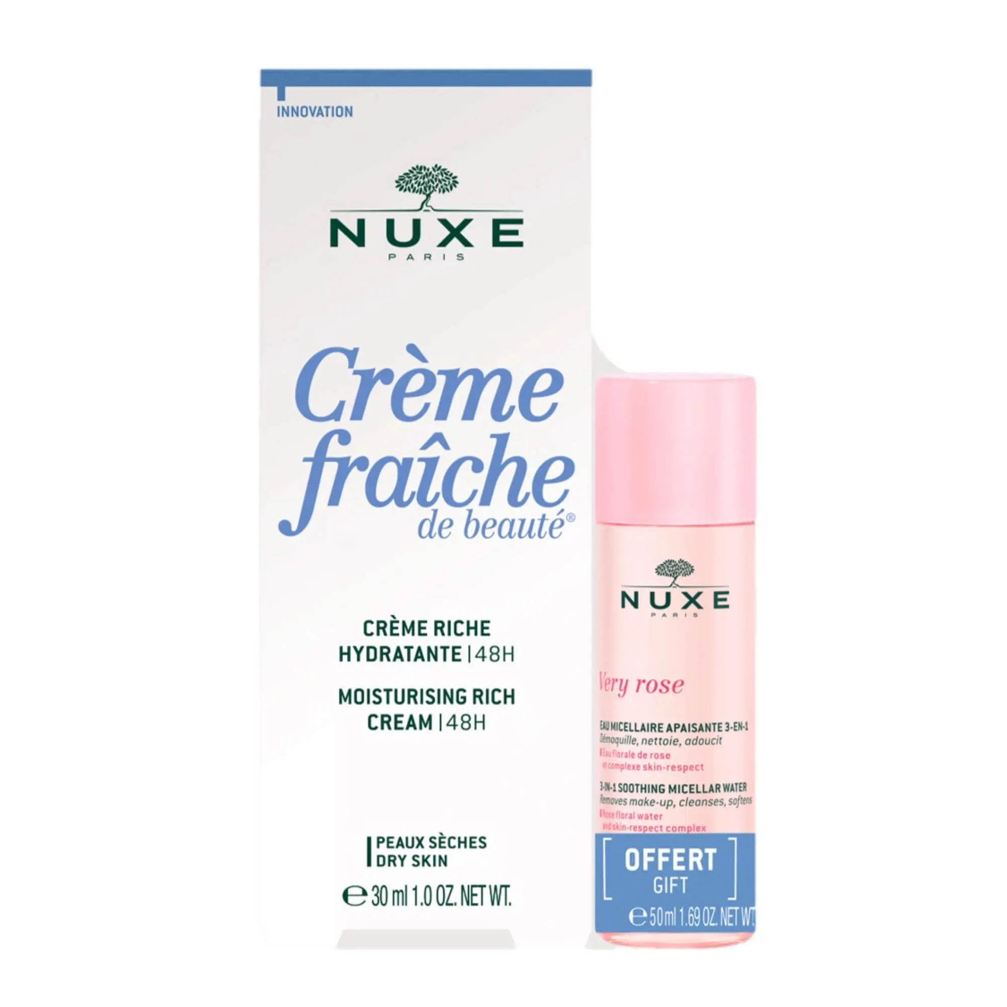 3264680035319_1 NUXE Creme Riche Hydratante 48h Peaux Seches A Tres Seches 30ml + Very Rose Micellar Water 50ml Creme – Image 1