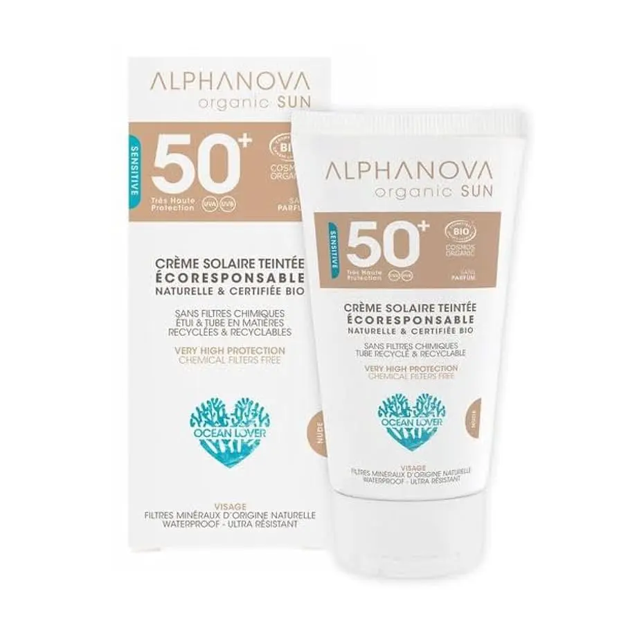 41nhSxQEjcL._UF894,1000_QL80_ ALPHANOVA SANTE Crème Solaire Teintée Nude SPF50+ Hypoallergénique - sans parfum - Naturelle et Certifiée Bio - 50g – Image 1