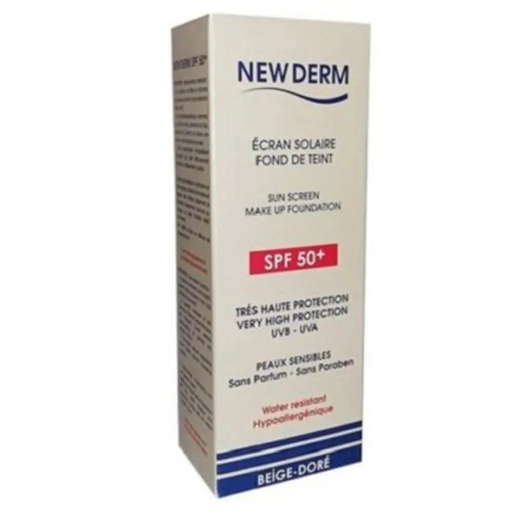 xr:d:DAFwxhVFhuw:413,j:9081924198215984735,t:24011508 New Derm Ecran Solaire Fond de Teint Beige-Dorée Spf50 – 50ml – Image 1
