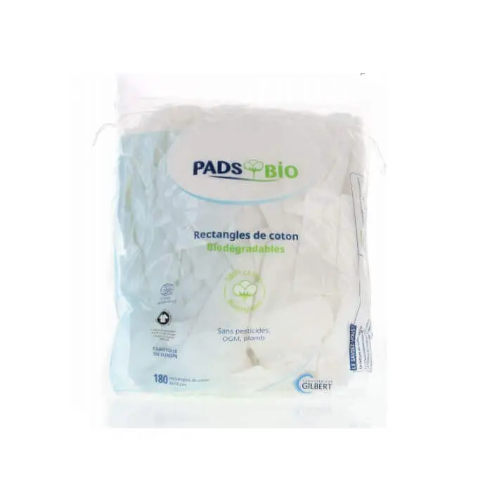 Pads-Bio-180-Rectangles-de-Coton-8x10cm. GILBERT PADS BIO 180 PIECES – Image 1