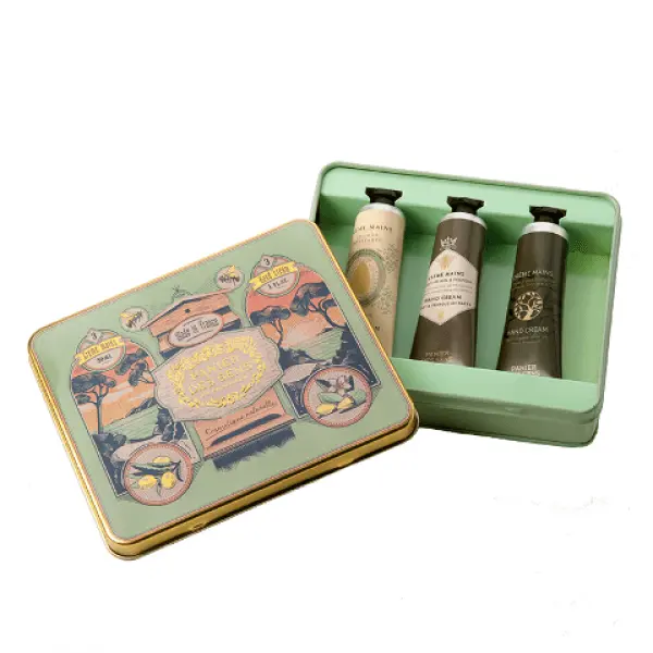Panier des Sens hand creams in vintage inspired tin, olive- honey and almond 30ml-600x600 PANIER DES SENS Hand care set - Almond, Honey and Grape – Image 1
