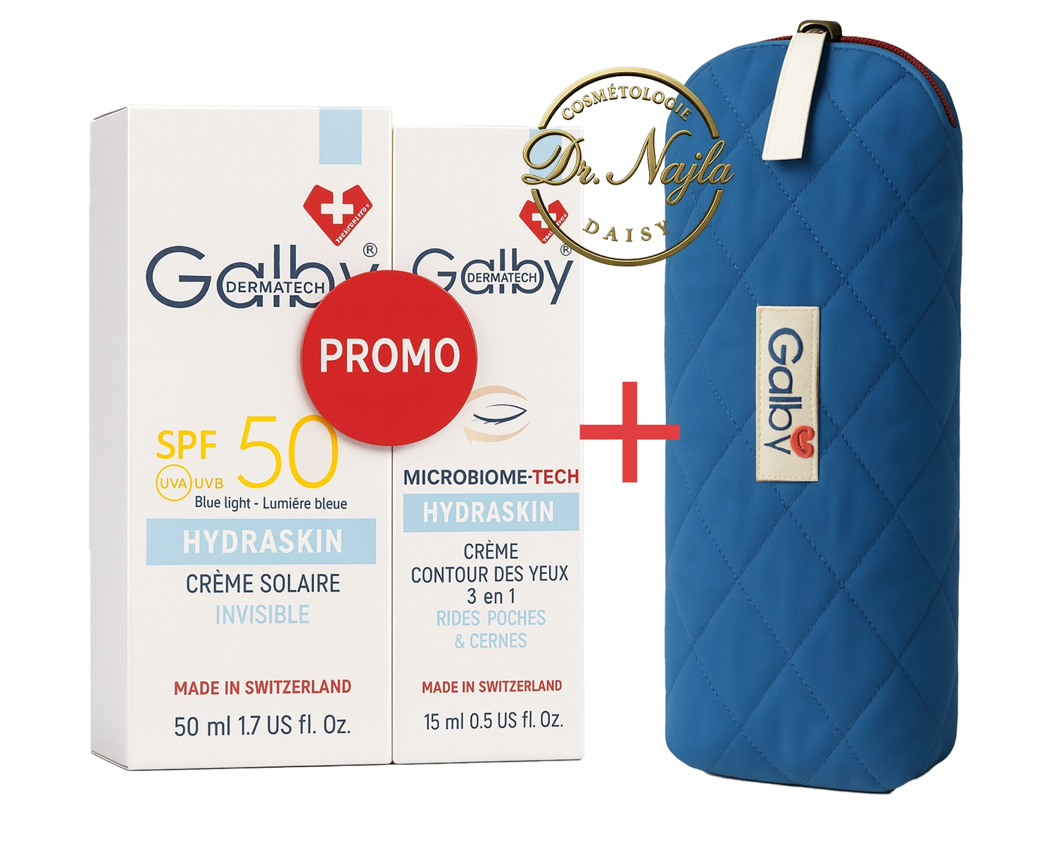 blue-2-1.webp Pack Promo Galby Hydraskin – Crème Solaire SPF 50 Invisible + Crème Contour des Yeux 3 en 1 avec Trousse Offerte – Image 1