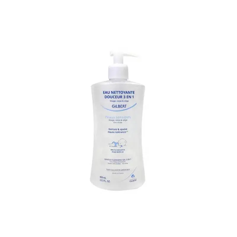 gilbert-eau-nettoyant-douceur-3en1-bebe-400ml-parfumerie-parapharmacie-palmarosa-en-ligne-discount_ GILBERT - EAU NETTOYANTE DOUCUER PEAUX SENSIBLES 400ML – Image 1
