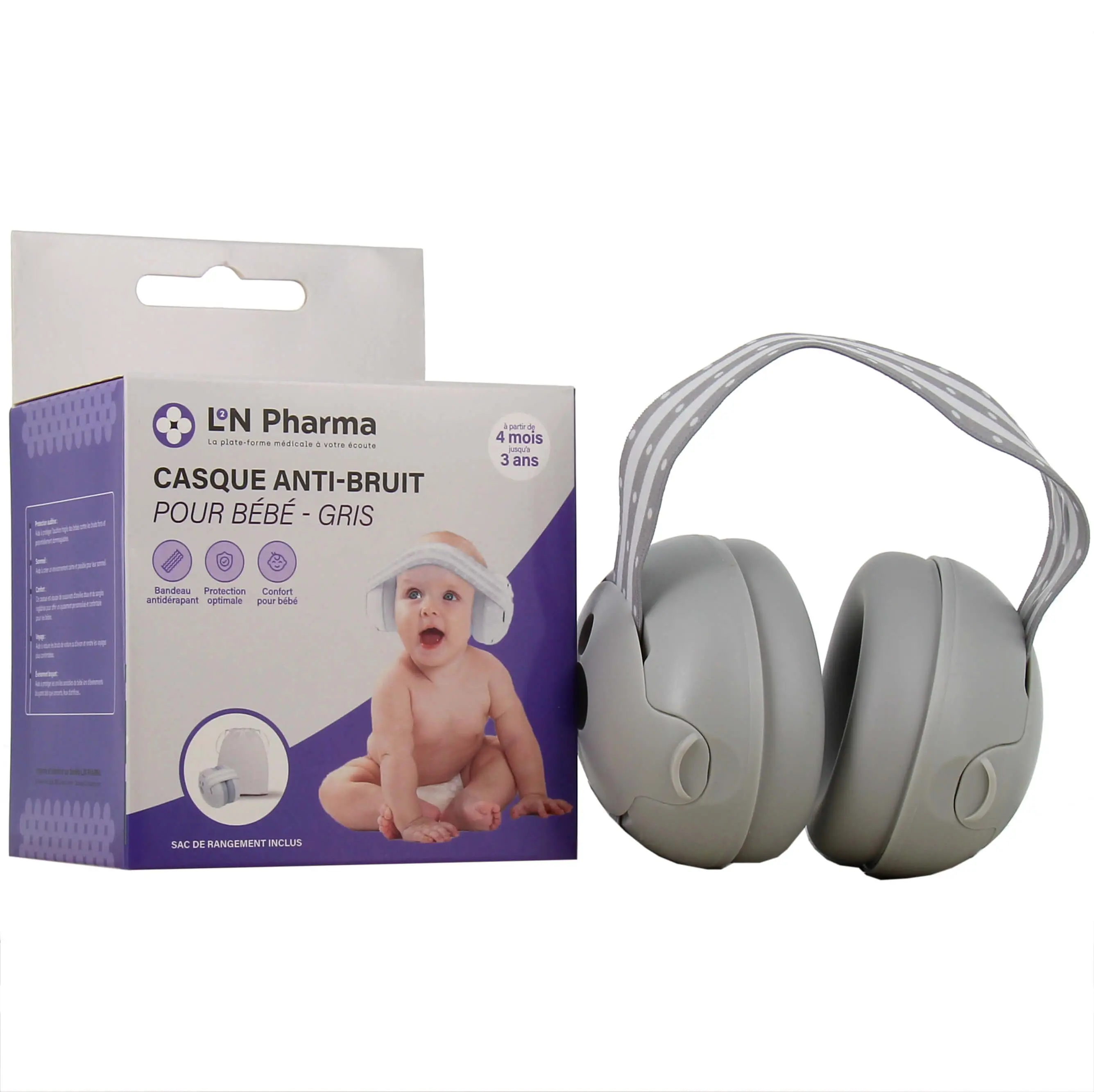 l2n-casque-anti-bruit-l2n2-1729688480 L2N Casque bébé réducteur de bruits Gris dès 4mois Sac de rangement inclus – Image 1