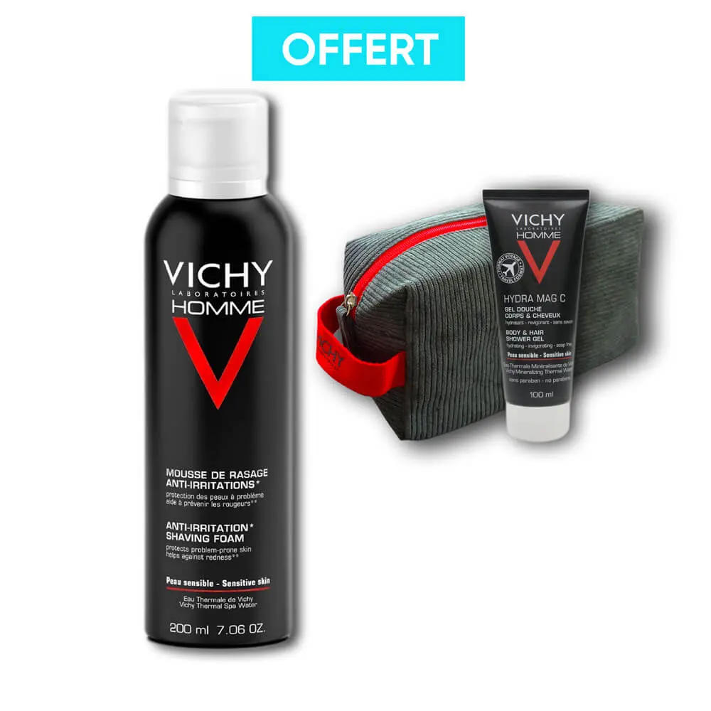 vichy-home-mousse-de-rasage VICHY HOMME MOUSSE DE RASAGE ANTI-IRRITATION 200ML ET GEL DOUCHE CORPS RT CHEVEUX 100ML OFFERT – Image 1