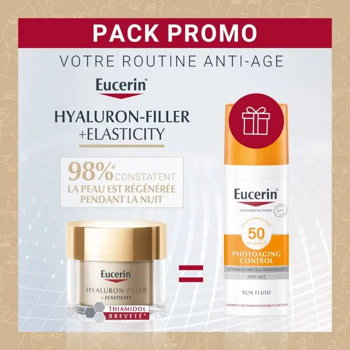 eucerin-offre-hyaluron-filler-elasticity-soin-de-nuit-50-ml-photoaging-sun-control-spf-50-offert EUCERIN HYALLURON FILLER ELASTICITY NUIT+ ECRAN FLUID ANTI AGE – Image 1