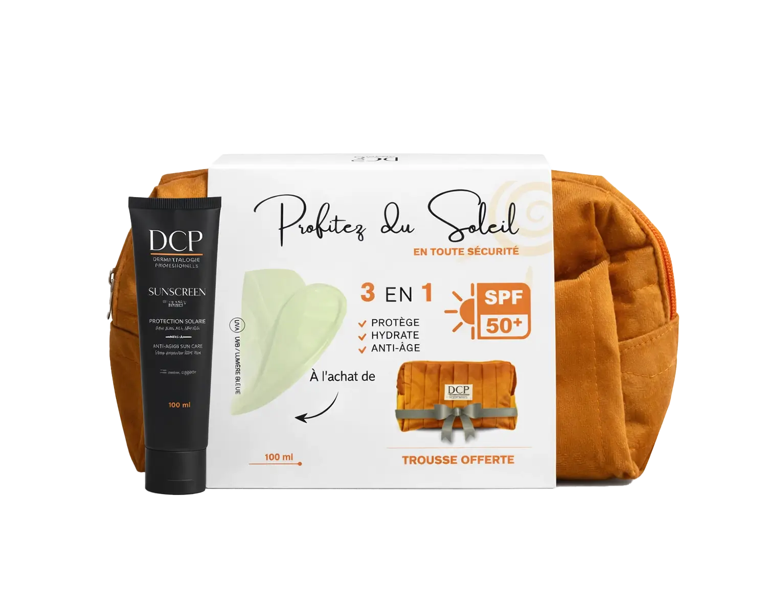 DCP Sunscreen SPF 50+ Crème Solaire 3-en-1 Protectrice Hydratante Anti-Âge + Trousse Offerte DCP Sunscreen SPF 50+ Crème Solaire 3-en-1 Protectrice Hydratante Anti-Âge + Trousse Offerte